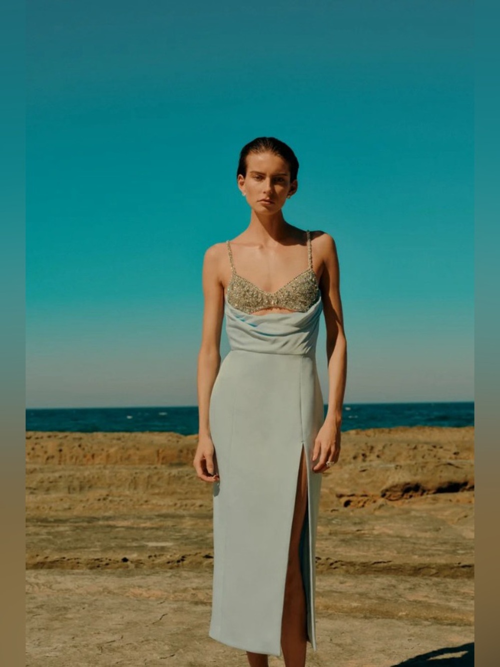 Rachel Gilbert Celestia Icy-Blue Crystal Bralette Midi Dress AU8/US4 NWOT